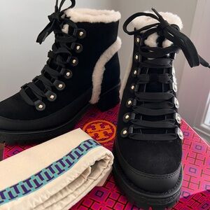 Tory Burch Black Lace-Up Shearling Boots 6 New